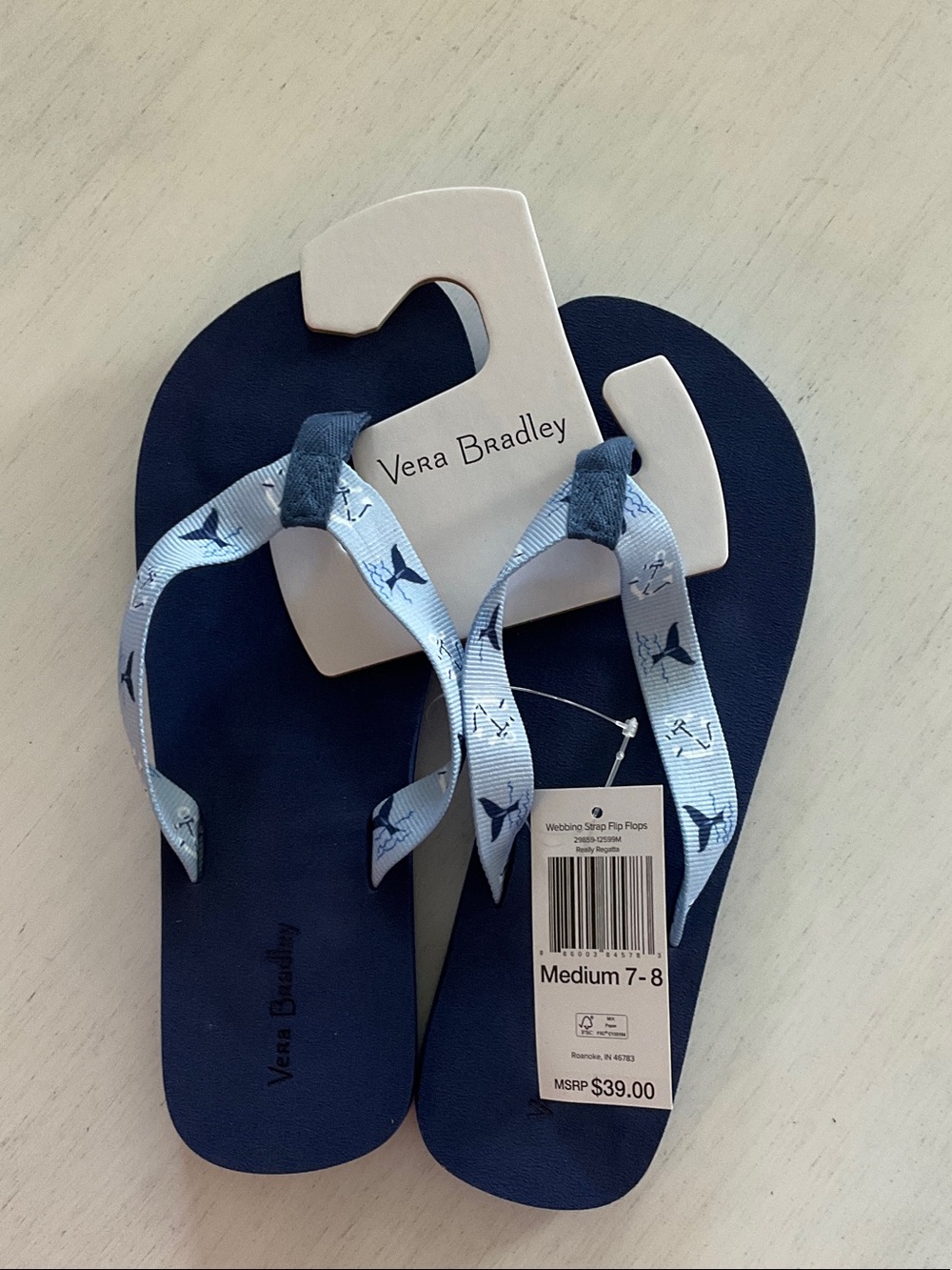 Vera Bradley Navy Flip Flops with Light Blue Printed Straps